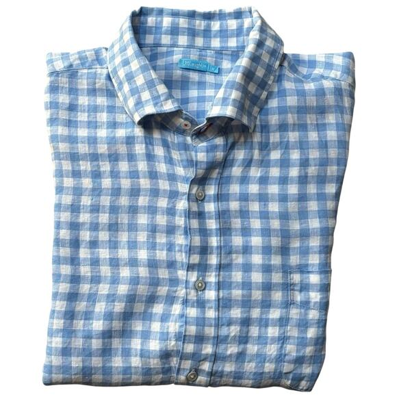 J McLaughlin XL Light Blue & White Linen Gingham Check Long Sleeve Button Down - Picture 1 of 6